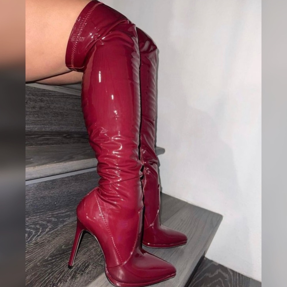 Burgundy Patent Thigh High Boots (Standard Size)